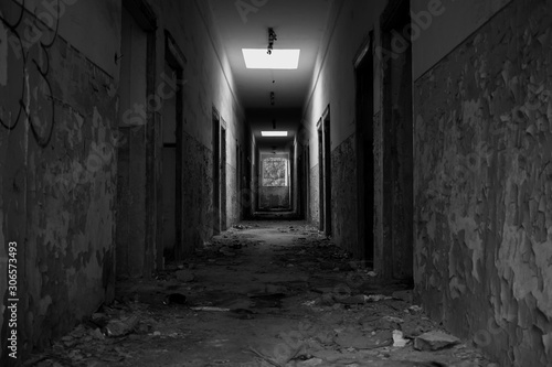Interior of an abandoned building in black and white