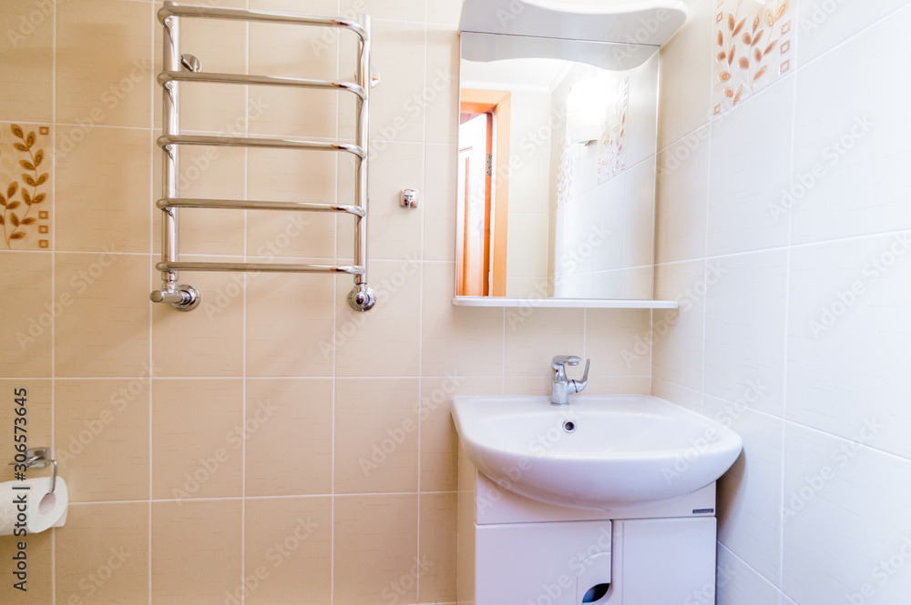 Russia, Moscow- July 23, 2019: interior room apartment. standard repair bathroom and toilet Russia, Moscow- July 23, 2019: interior room apartment. standard repair bathroom and toilet