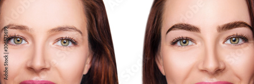 Female eyes before and after eyebrows correction and dying. photo