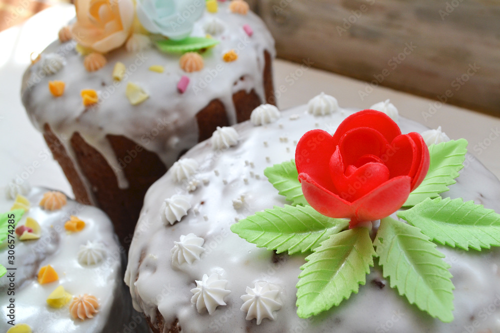 Russian homemade Easter cake with icing and meringue Russian homemade Easter cake with icing and meringue