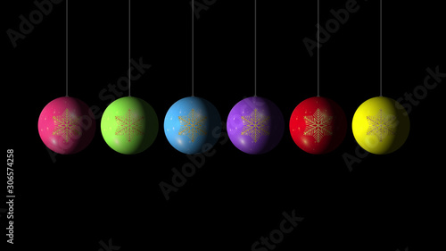 Set of the Christmas and New Year multicolored Balls with a golden snowflake on black background. Merry Christmas and a Happy New Year 