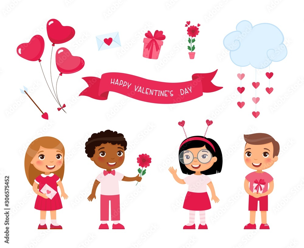 Cute boys and girls celebrating Valentines Day flat vector illustrations set. February 14 accessories pack. Festive romantic decorations. Children holding holiday presents, envelopes design elements