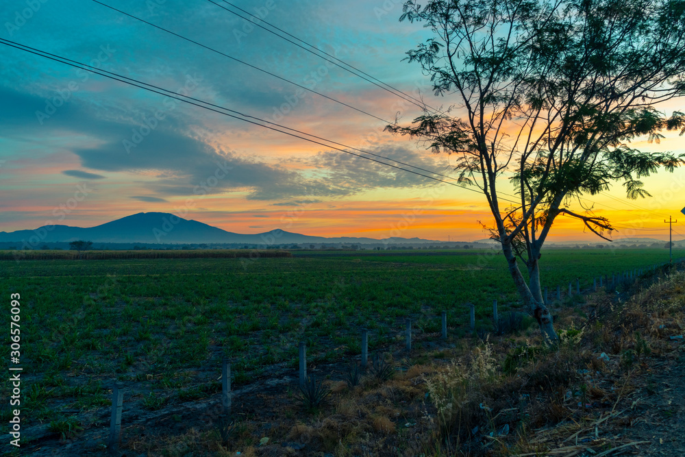 Mexico Sunrise in Ameca Jalisco with view of the mauntains and sugar cane crops