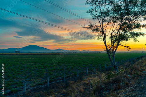 Mexico Sunrise in Ameca Jalisco with view of the mauntains and sugar cane crops