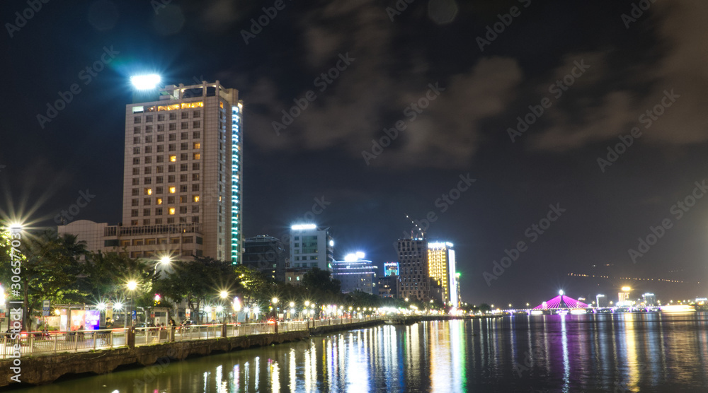 Night view by the river in danang city, vietnam