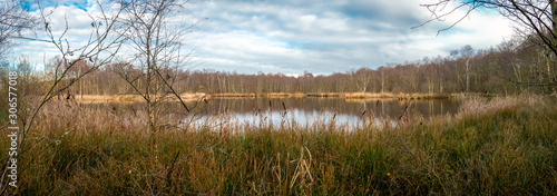 Peat lake in the Netherlands in autumn time ], beautiful blue sky and reflections in the water, picture taken in the province Drenthe nearby the village Steenbergen photo