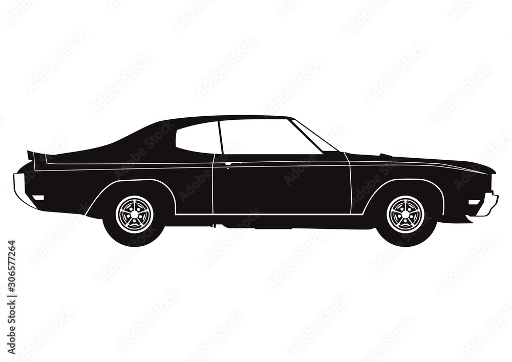 Classic car. Silhouette of a vintage car. Side view. Flat vector.