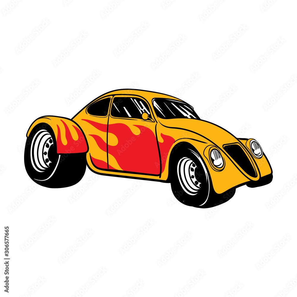 Fototapeta premium Cartoon yellow retro hot rod with fire on Board isolated on white background. Template for poster, banner, print for t-shirt, label, card. vector illustration
