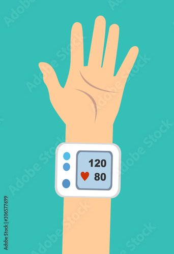 Wrist cuff sphygmomanometer, digital device for measuring blood pressure vector concept