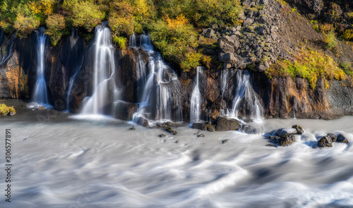 volcanic lava waterfall of Hraunfoss in Iceland