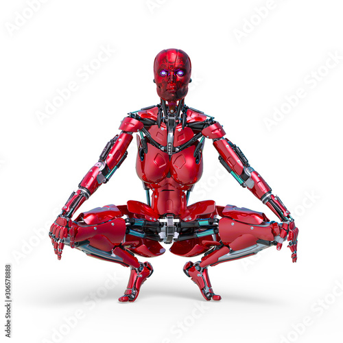 cyborg female comic waiting and loading frontal view in a white background