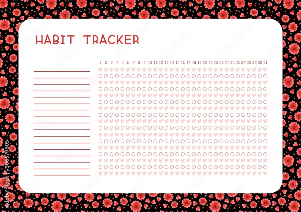 Habit tracker for month flat vector template. Planner page with red flowers  and hearts on black background layout. Assignments blank timetable design  Stock Vector | Adobe Stock