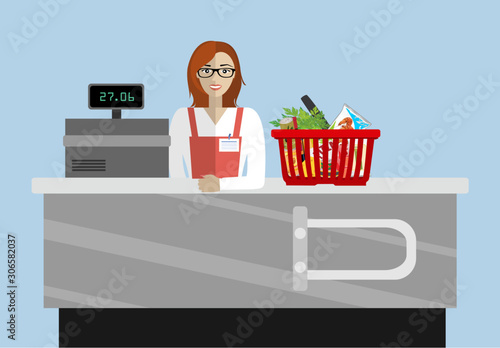 Supermarket store counter desk equipment and clerk in uniform ringing up grocery purchases. Flat style vector illustration isolated on blue background.