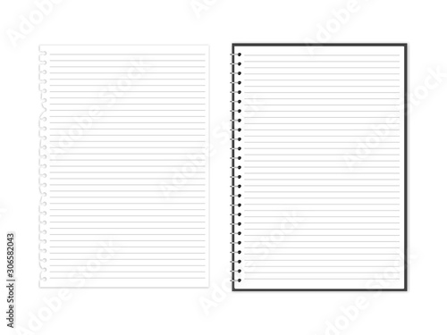 Vector illustration of block note with torn block note page set. Empty notebook with line grid isolated on white. Blank notepapers can be used as a mock up, background or template. Eps 10.