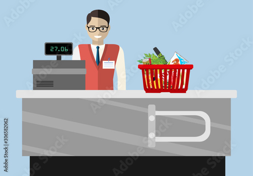 Supermarket store counter desk equipment and clerk in uniform ringing up grocery purchases. Flat style vector illustration isolated on blue background.