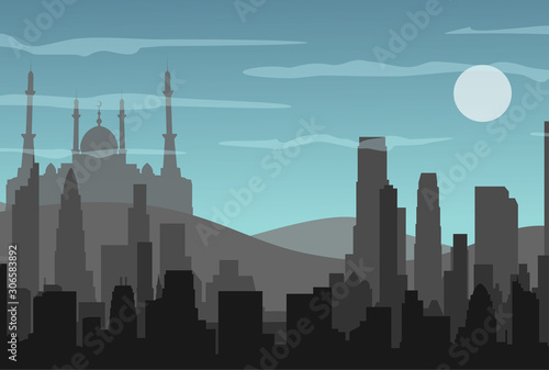                                                                                                                         534343027  Silhouette of a mosque. Buildings silhouette cityscape with mountains. Modern architecture. Urban landscape. Horizontal banne