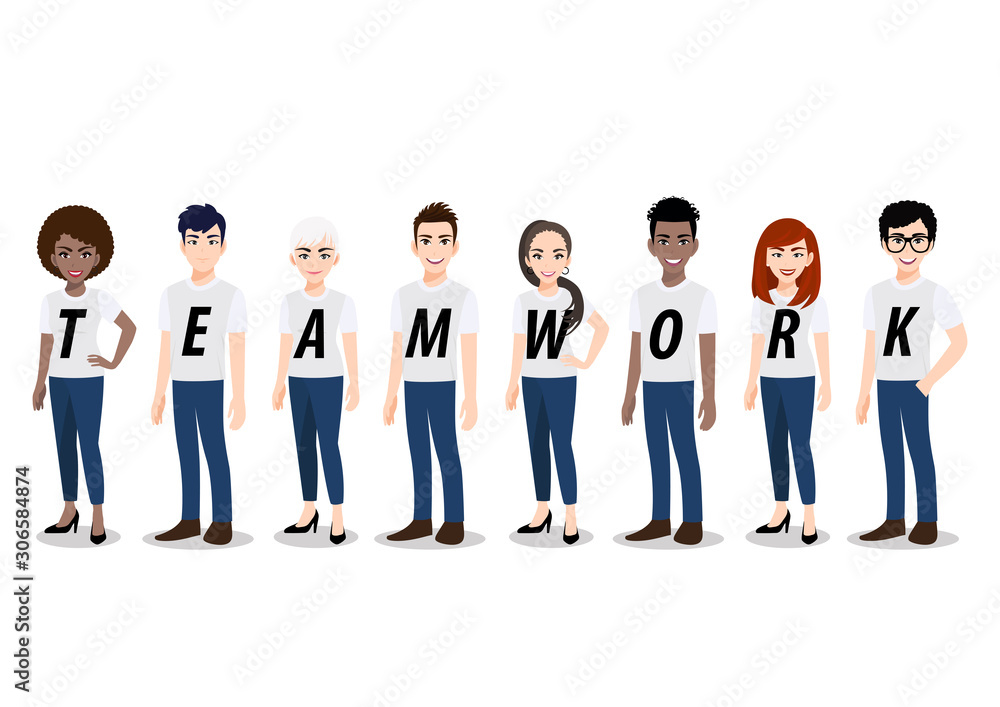 Cartoon character with Teamwork concept. Young men and women standing together in white T-shirt and blue jean casual ,flat icon design vector