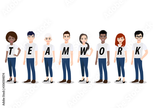 Cartoon character with Teamwork concept. Young men and women standing together in white T-shirt and blue jean casual ,flat icon design vector