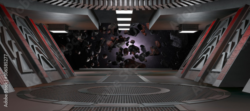 sci fi  corridor with view of space galaxy 3d rendering
