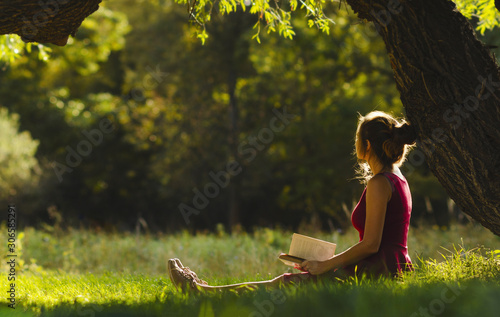 sunny portrait of a beautiful girl sitting on green glade under an arch of tree branches with book, woman reading novel on nature, concept hobby and lifestyle