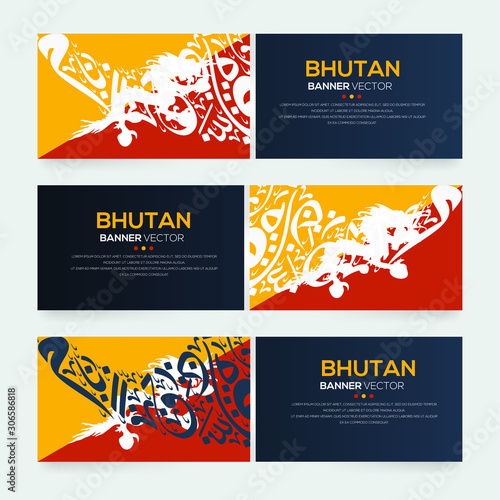 Banner Flag of Bhutan ,Contain Random Arabic calligraphy Letters Without specific meaning in English ,Vector illustration