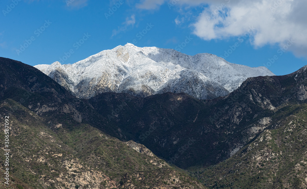 Snow dusted mountains in the San Gabriel Mt range in Los Angeles County.