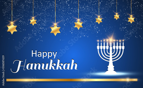 Hanukkah greeting card on a beautiful background with stars of David and an Israeli candlestick.