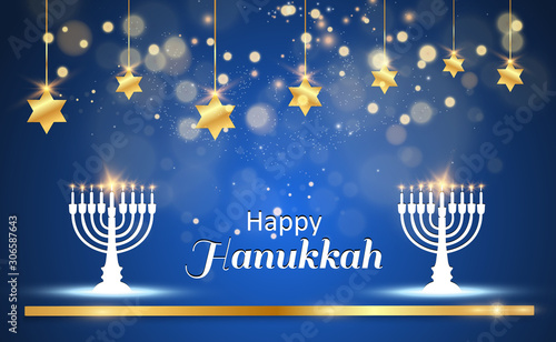 Hanukkah greeting card on a beautiful background with stars of David and an Israeli candlestick.