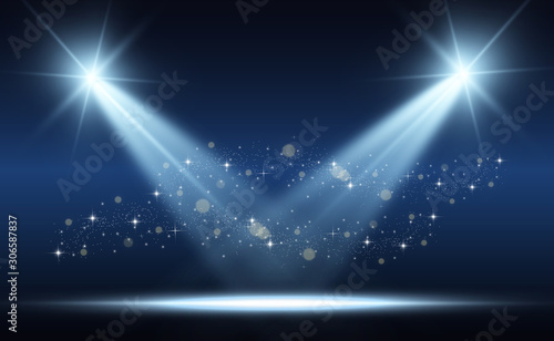 White stage with spotlights. Vector illustration with beautiful light and sparkles