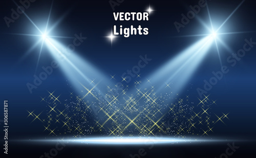 White stage with spotlights. Vector illustration with beautiful light and sparkles