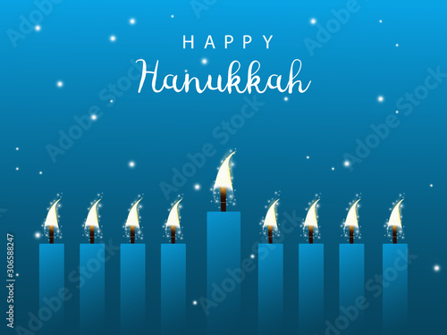 Hanukkah. Traditional Hanukkah holiday symbols. Star of David. Candles Minors. Blue background