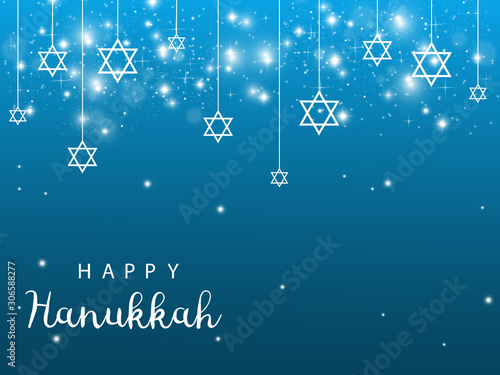 Hanukkah. Traditional Hanukkah holiday symbols. Star of David. Candles Minors. Blue background