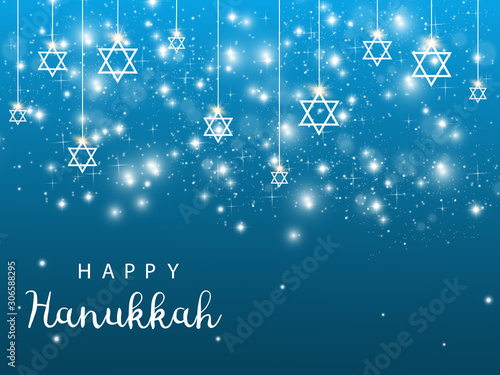 Hanukkah. Traditional Hanukkah holiday symbols. Star of David. Candles Minors. Blue background