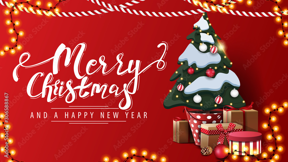 Merry Christmas and Happy New Year, red postcard in minimalistic design with garlands and Christmas tree in a pot with gifts near the wall Merry Christmas and Happy New Year, red postcard in minimalistic design with garlands and Christmas tree in a pot with gifts near the wall