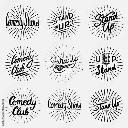  Lettering Stand Up set. Calligraphic text comedy show. Engraved hand drawn in old vintage sketch for poster, web badges, labels, emblem or logo. Isolated on white background. Vector illustration. 