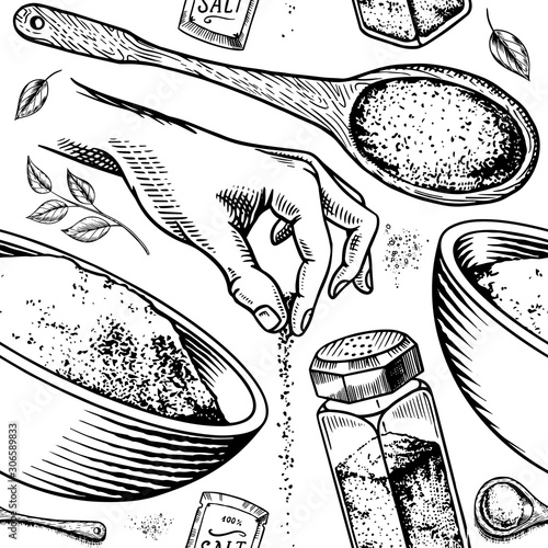 Sea salt seamless pattern. Glass bottles, packaging and and leaves, wooden spoons, powdered powder, spice in the hand. Vintage background poster. Engraved hand drawn sketch. 