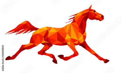  running horse, Trotter, colored, amethyst  isolated image on white background in low poly style  