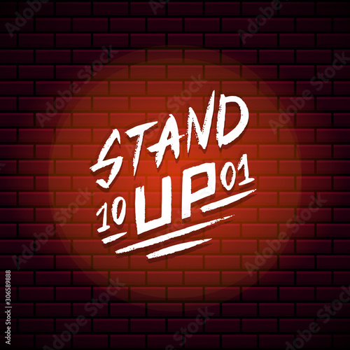  Lettering Stand Up. Calligraphic text comedy show. Engraved hand drawn in old vintage sketch for poster, web badge, label, emblem or logo. Concept on stage. Vector illustration. 