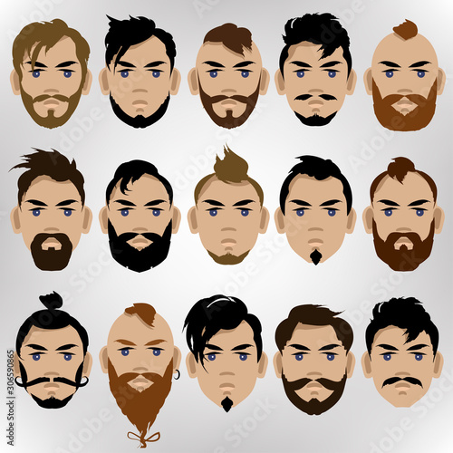Set of male hairstyles, beard and mustache. Vector colorful illustration.