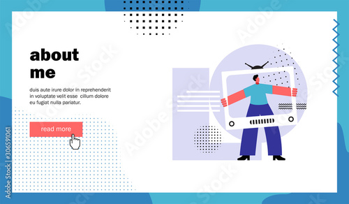 About me, website landing page. Man holding tv screen. Template for blog channel. Cartoon flat vector illustration