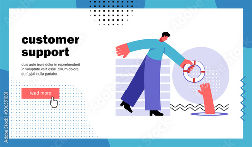 Customer support, website landing page. Man gives a lifebuoy to a drowning man. Template for blog channel. Cartoon flat vector illustration