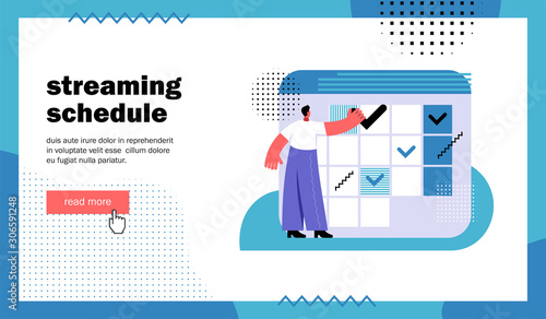 Streaming schedule, website landing page. Man puts a mark on the calendar. Template for blog channel. Cartoon flat vector illustration