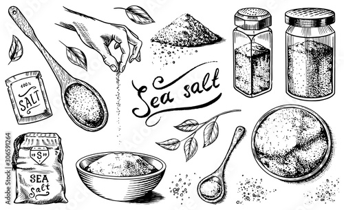 Sea salt set. Glass bottles, packaging and and leaves, wooden spoons, powdered powder, spice in the hand. Vintage background poster. Engraved hand drawn sketch.  photo