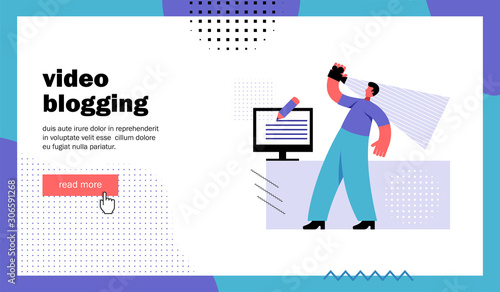 Video blogging, website landing page. Man shoots himself on camera. Template for blog channel. Cartoon flat vector illustration