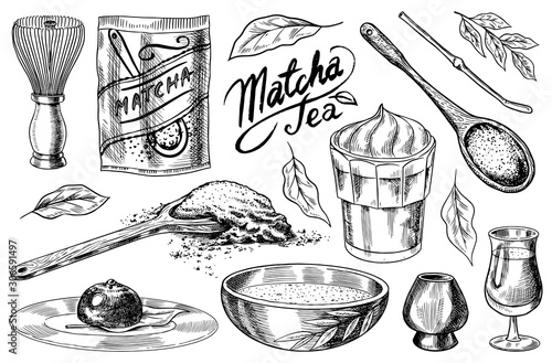 Matcha green tea set. Organic powder, bamboo whisk chasen, bowl chawan, spoon chashaku for Japanese ceremony. Healthy coconut milk latte. Engraved hand drawn Vintage sketch for poster.