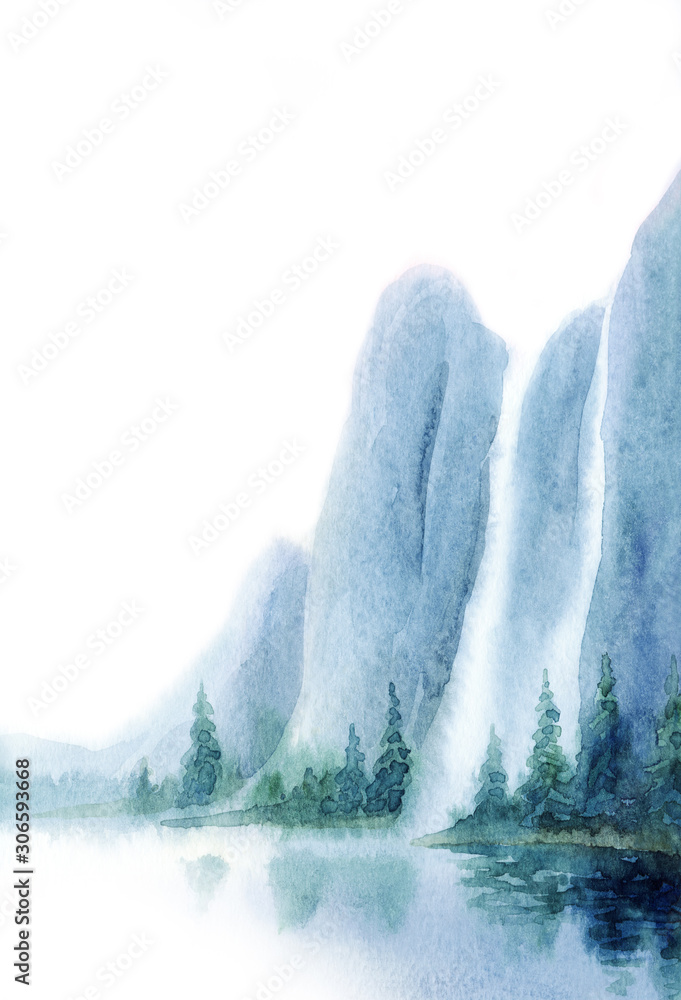 Obraz Akwarela krajobraz. Wodospad ze skał do jeziora