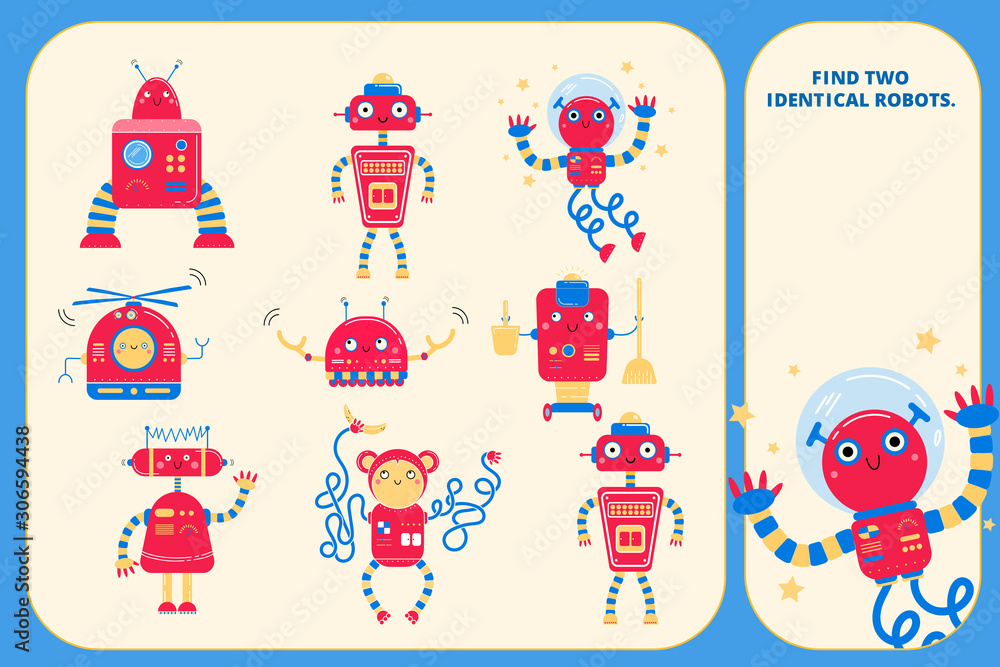 Fototapeta premium Color visual puzzle page for preschool kids. Find identical images game. Robots for children.