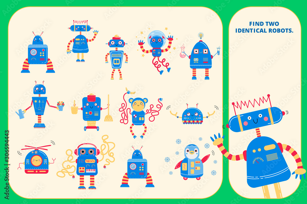 Obraz premium Color visual puzzle page for preschool kids. Find identical images game. Robots for children.
