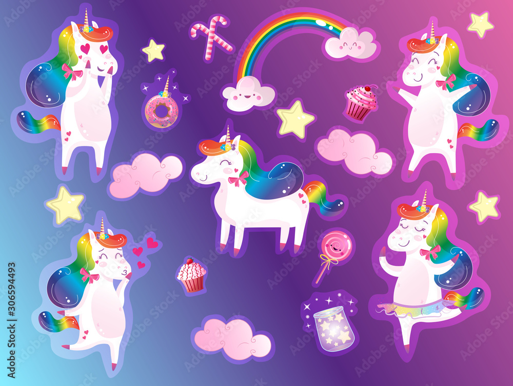 Cute magical rainbow unicorn with sweets and clouds vector set. Isolated cartoon sticker pack