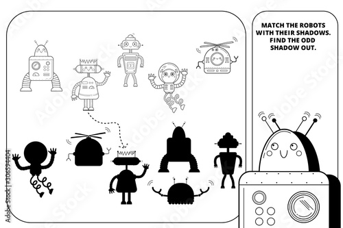 Coloring outline puzzle page for preschool kids. Find the correct shadow game. Matching and find the odd one. Robots for children.